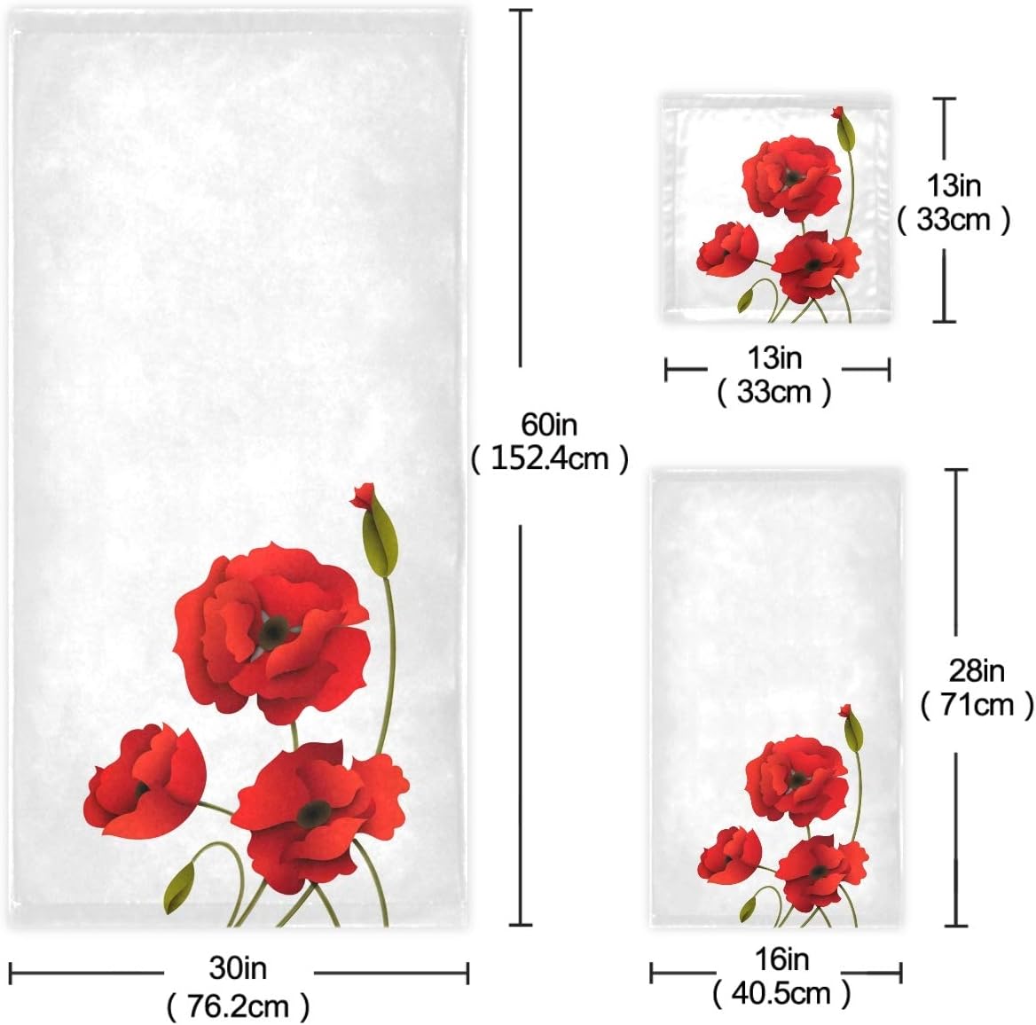 Naanle Red Poppy Flower Towel Set of 3