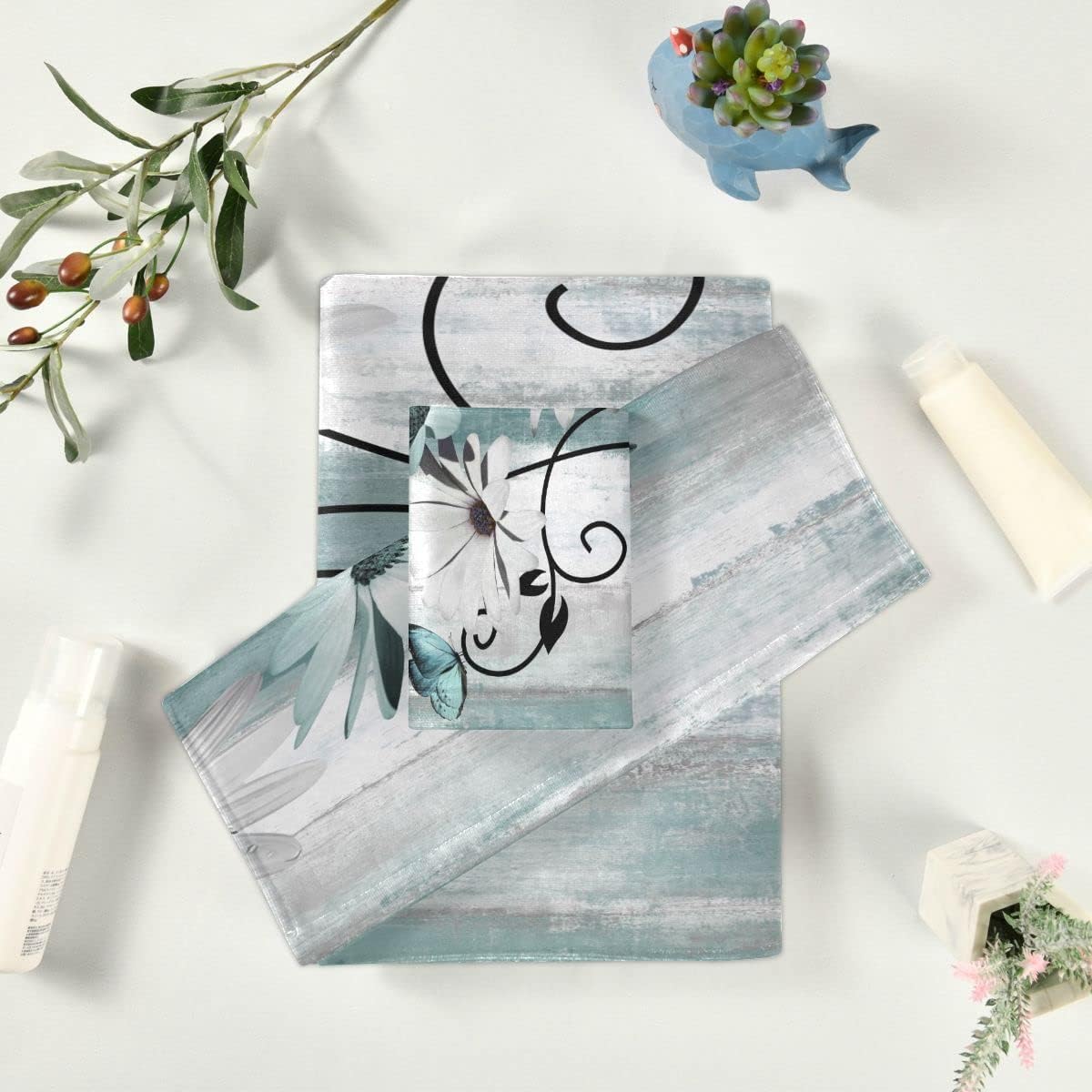 MATEKULI 3-Piece Farm Teal Daisy Bath Towel Set