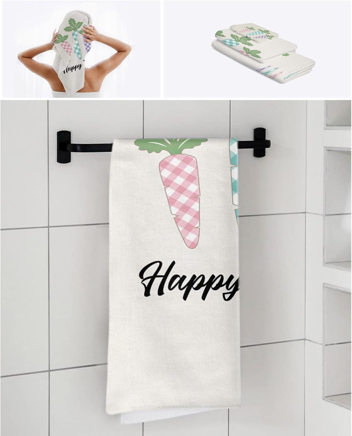 Happy Easter 3 Piece Bath Towel Set - Pink Green Purple