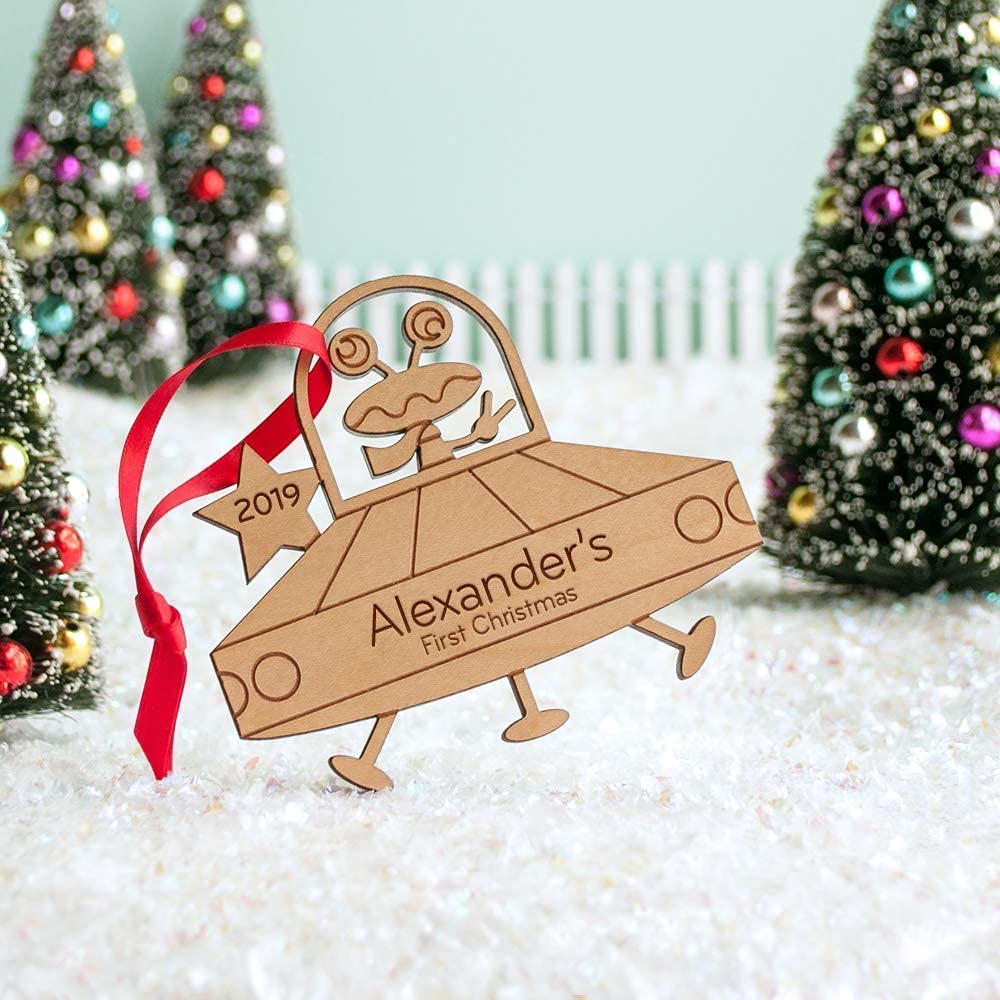 Personalized Babys First Christmas 2024 UFO Flying Saucer Wood Ornament