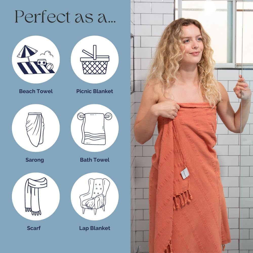 InfuseZen Orange Stonewashed Turkish Bath Towel