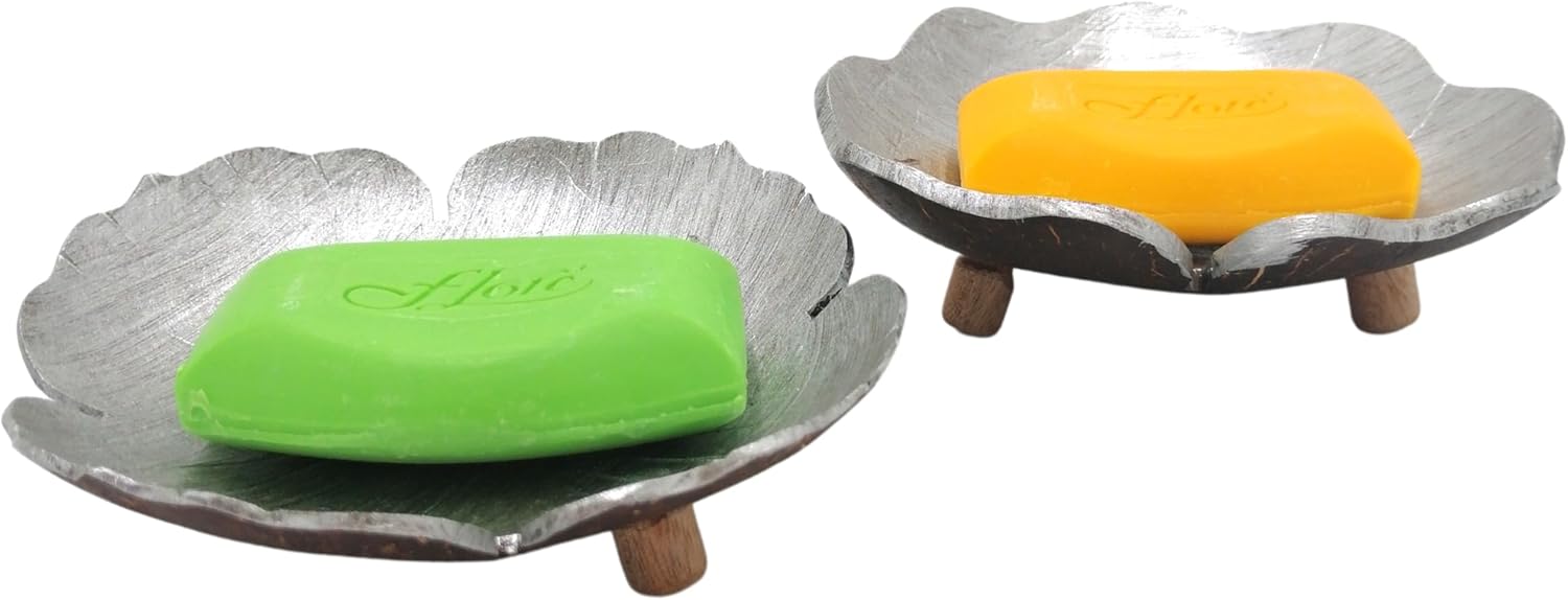 Coconut Shell Soap Dish with Silver Decor
