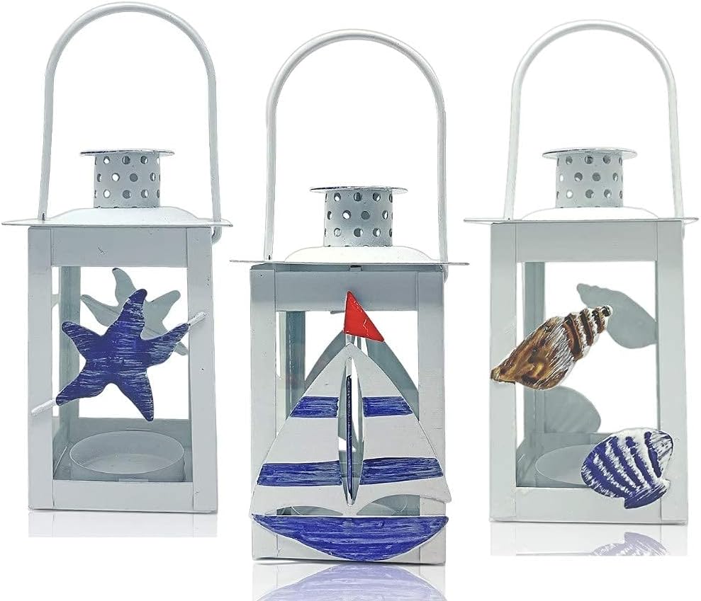 Beach Metal Lanterns Set of 3 - White Blue Nautical Decor