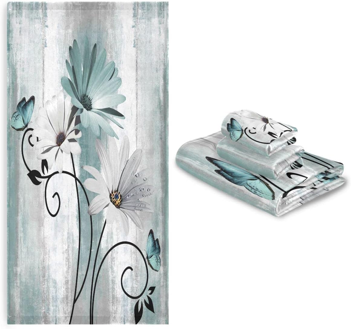 MATEKULI 3-Piece Farm Teal Daisy Bath Towel Set