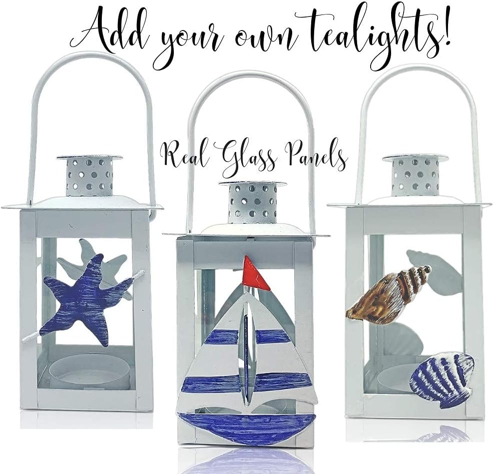 Beach Metal Lanterns Set of 3 - White Blue Nautical Decor