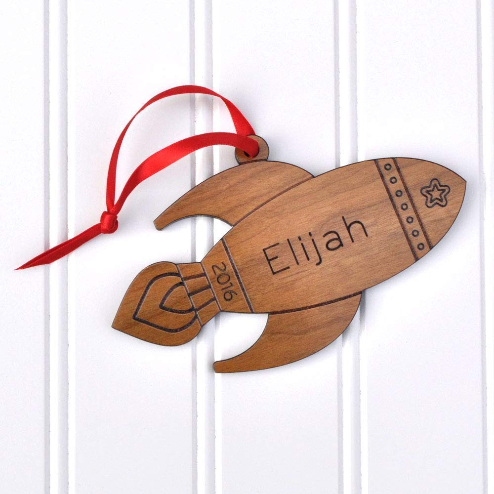 Rocket Ornament Personalized Outer Space Babys First Christmas 2024 Wood