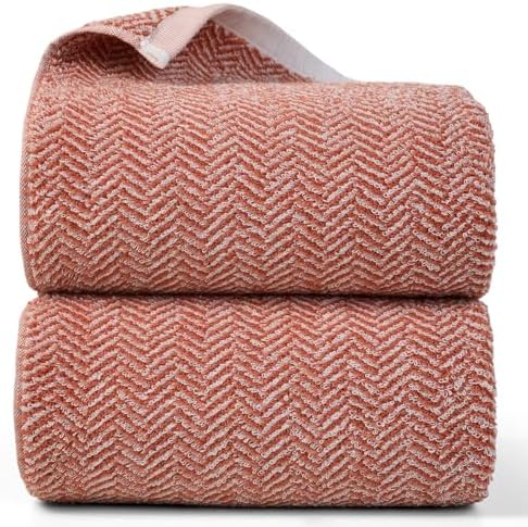 Cleanbear Coral Bath Towels Set with Herringbone Stripes