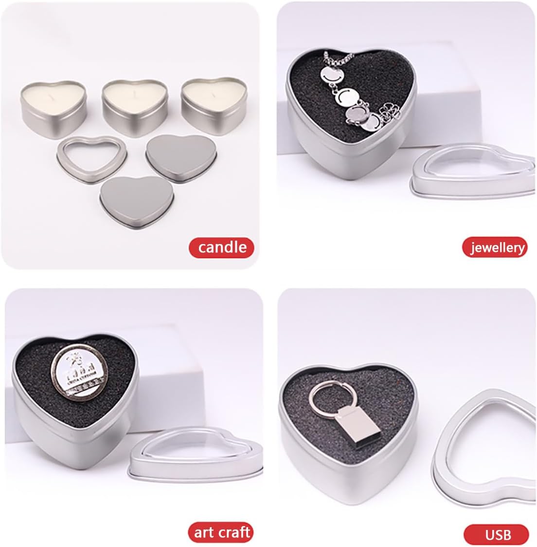 18 Pcs Heart Shaped Metal Cans with Clear Lids for Art Crafts