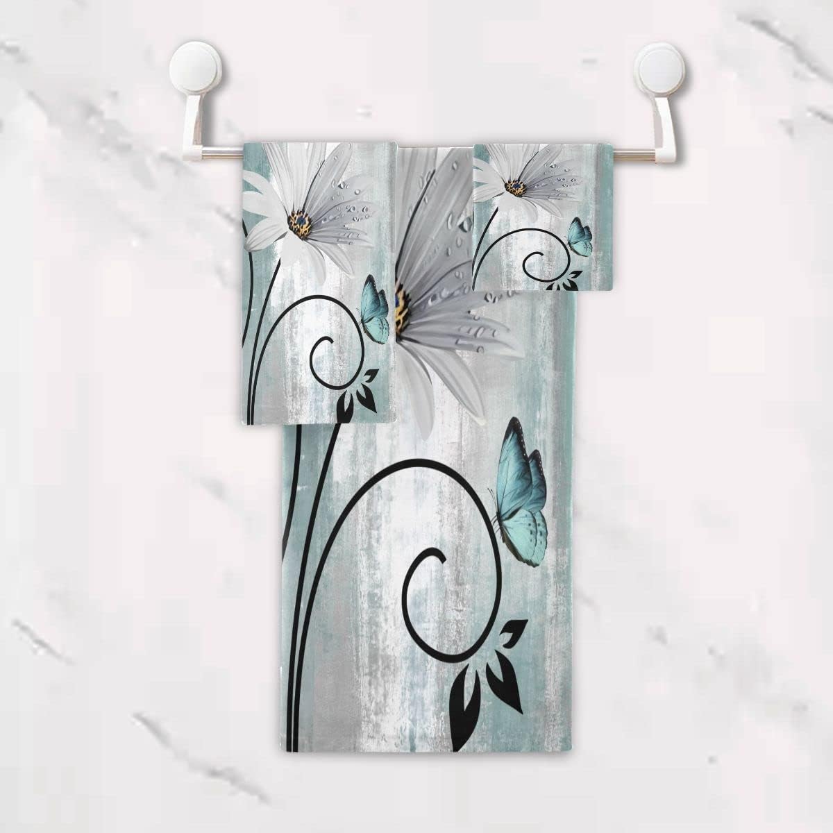 MATEKULI 3-Piece Farm Teal Daisy Bath Towel Set