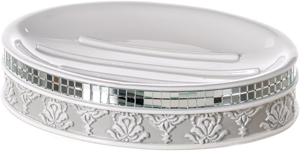Creative Scents Gray White Mirror Damask Soap Dish