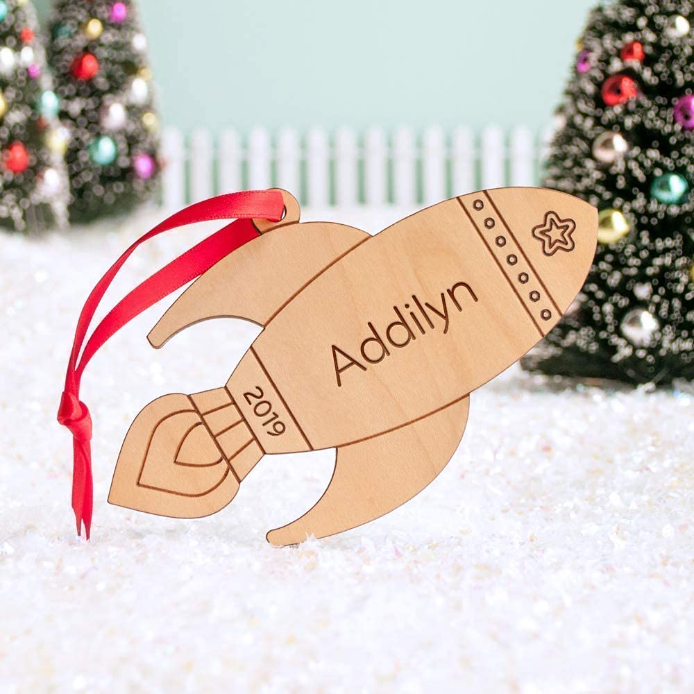 Rocket Ornament Personalized Outer Space Babys First Christmas 2024 Wood