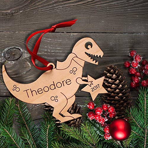 Graphic Spaces Dinosaur Ornament Personalized Tyrannosaurus Rex Babys First Christmas 2024 Wood Handmade