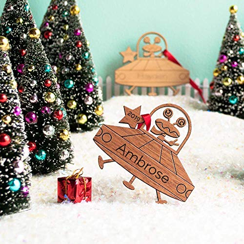 Personalized Babys First Christmas 2024 UFO Flying Saucer Wood Ornament