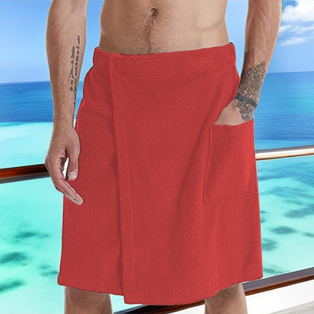 Mens Soft Coral Fleece Bath Towel Wrap Adjustable Waist Red