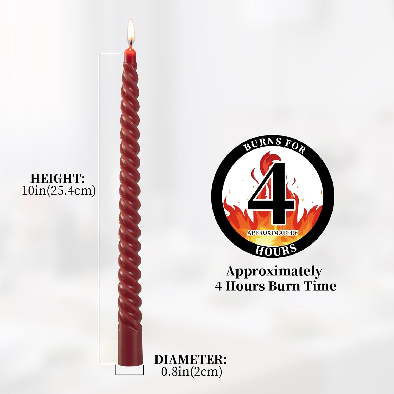 KONNI 10 Inch Spiral Taper Candle Set of 8 Dark Red Unscented Smokeless