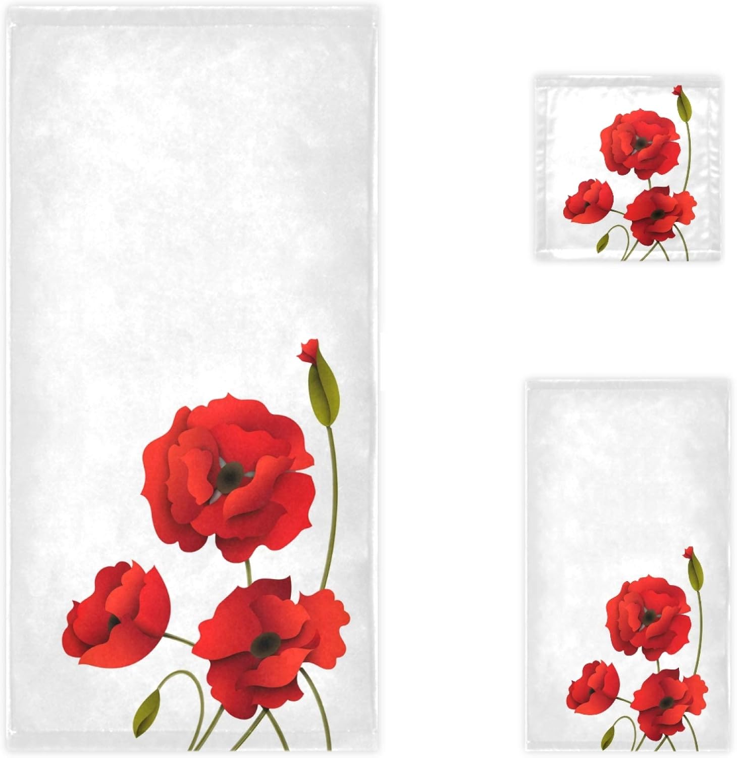 Naanle Red Poppy Flower Towel Set of 3
