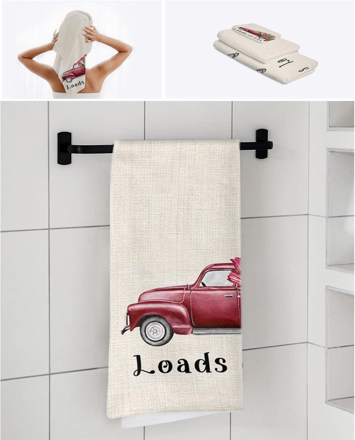 3 Piece Bath Towel Set with Red Tulip Design