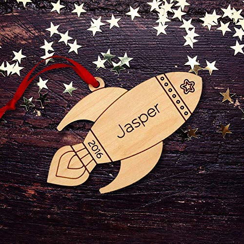 Rocket Ornament Personalized Outer Space Babys First Christmas 2024 Wood