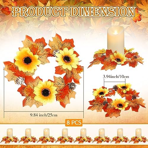 Umigy 8 Pcs Fall Candle Wreaths with Maple Leaves and Sunflowers