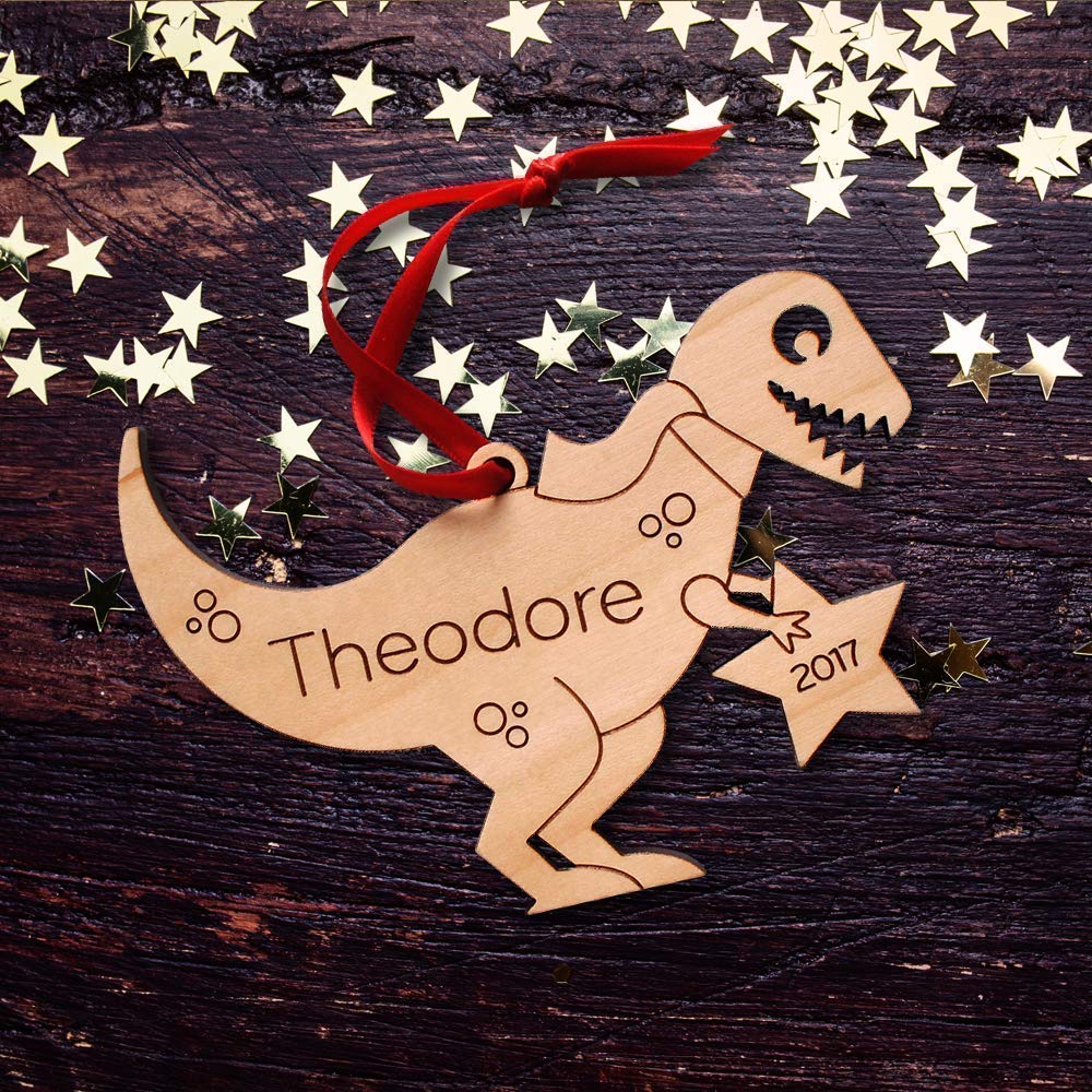Graphic Spaces Dinosaur Ornament Personalized Tyrannosaurus Rex Babys First Christmas 2024 Wood Handmade