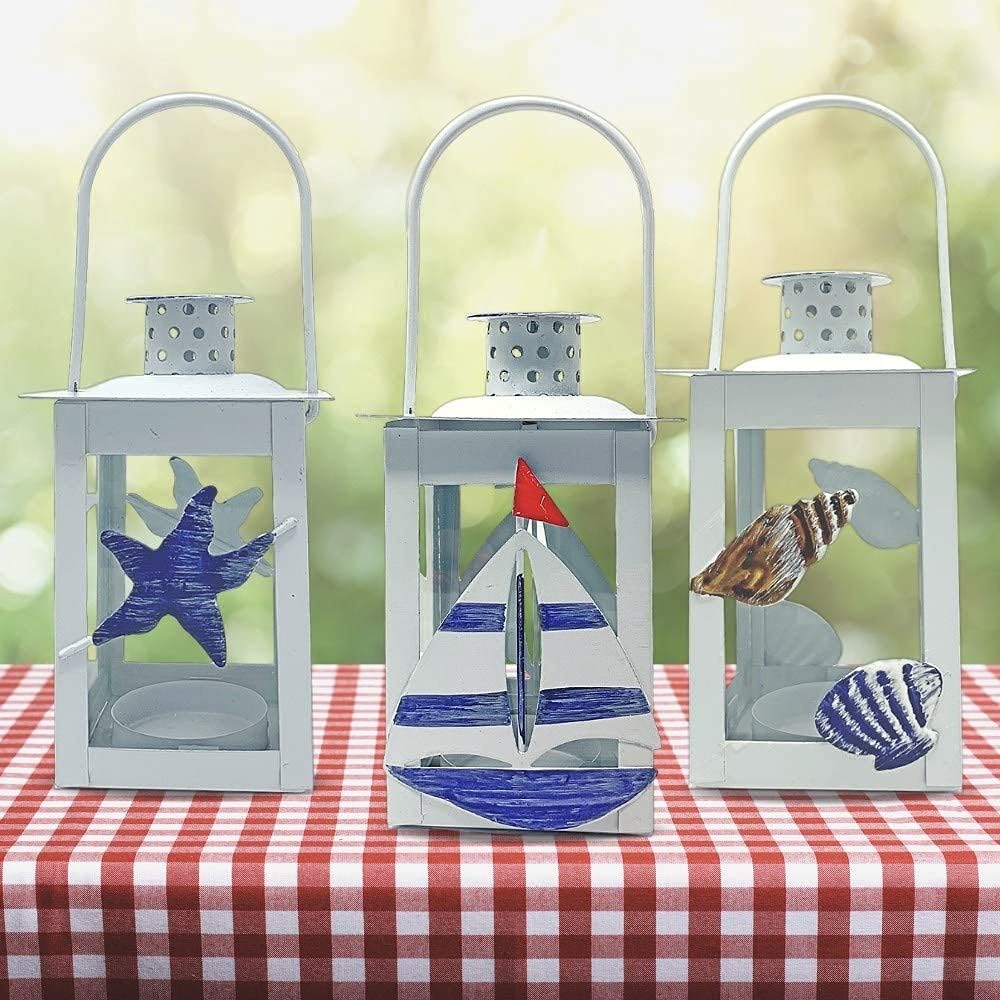 Beach Metal Lanterns Set of 3 - White Blue Nautical Decor