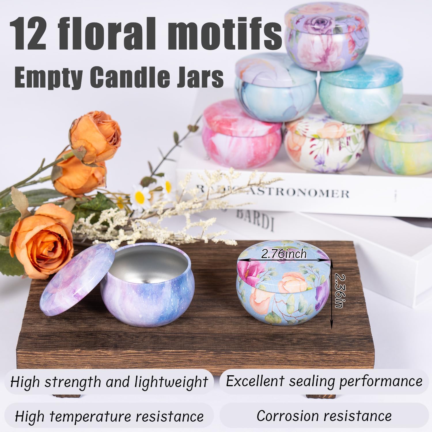 12-Pack 25oz Candle Tins with Lids Marbled Floral Starry Sky Designs