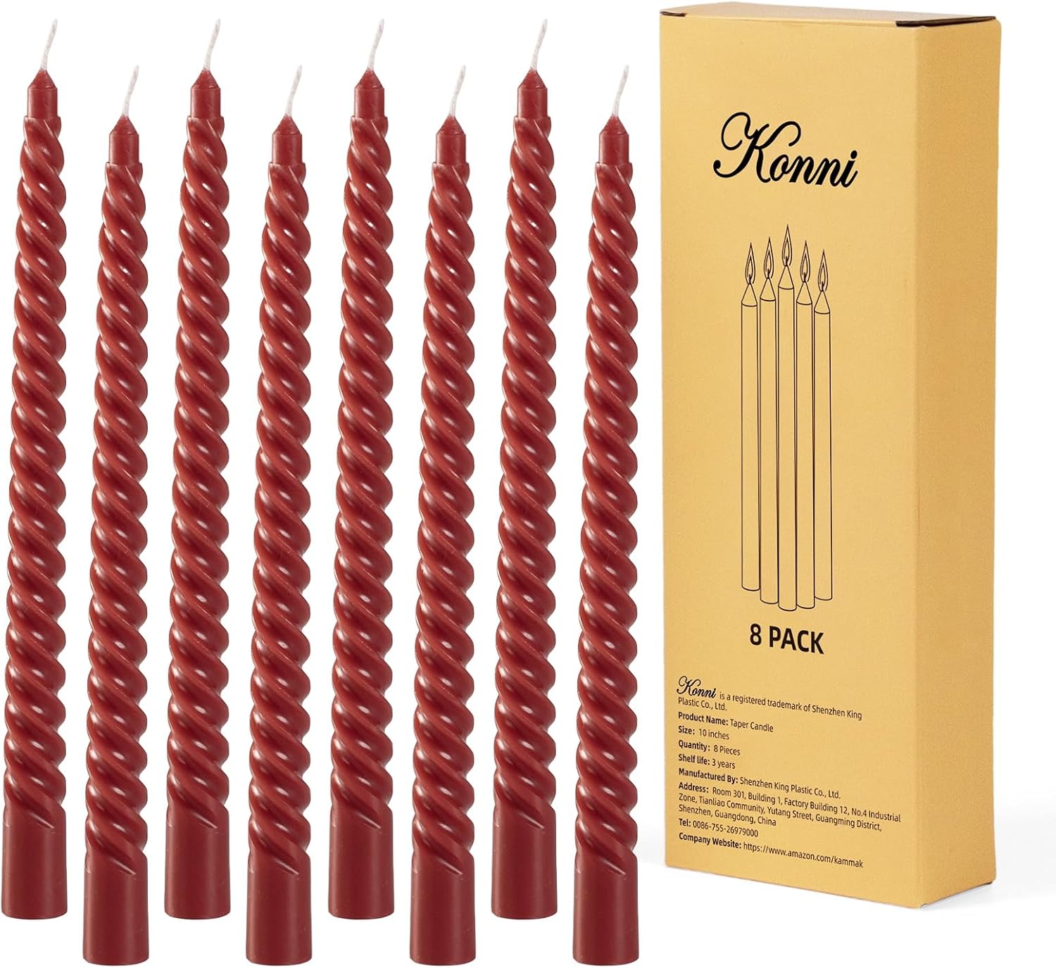 KONNI 10 Inch Spiral Taper Candle Set of 8 Dark Red Unscented Smokeless