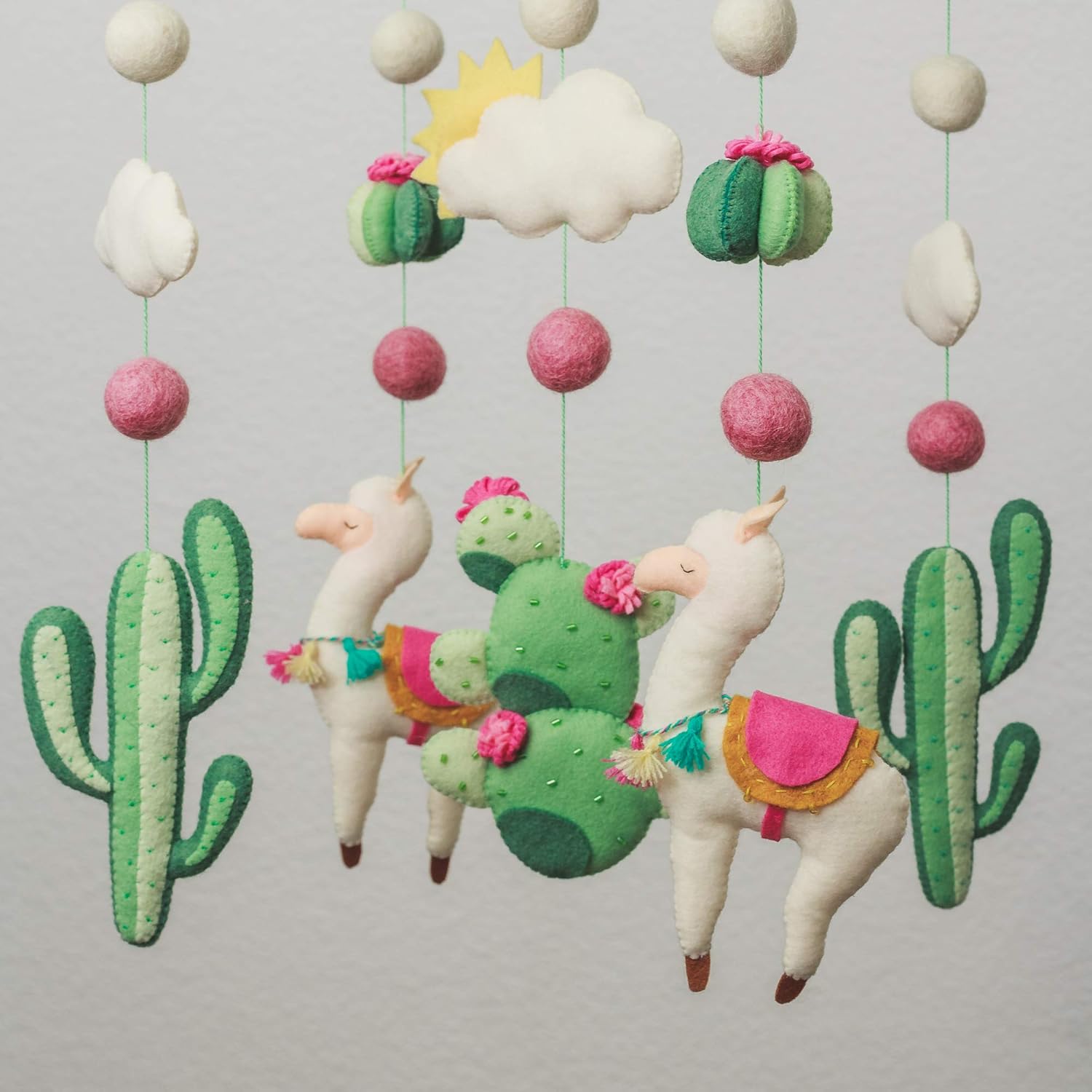 Handmade Felt Llama Mobile Boho Cactus Crib Decor