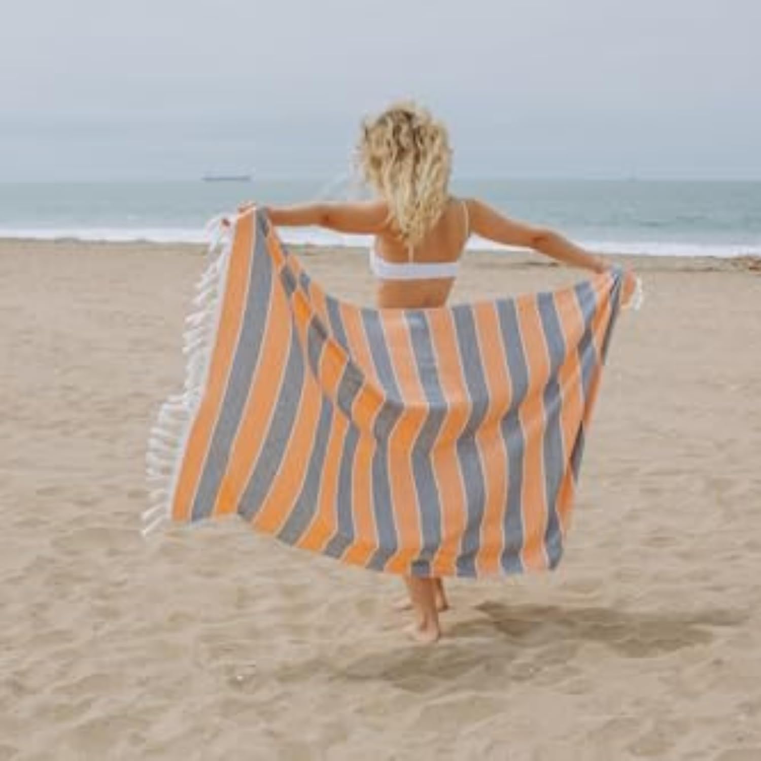 InfuseZen Terry Cloth Lined Turkish Towel - Striped OrangeNavy