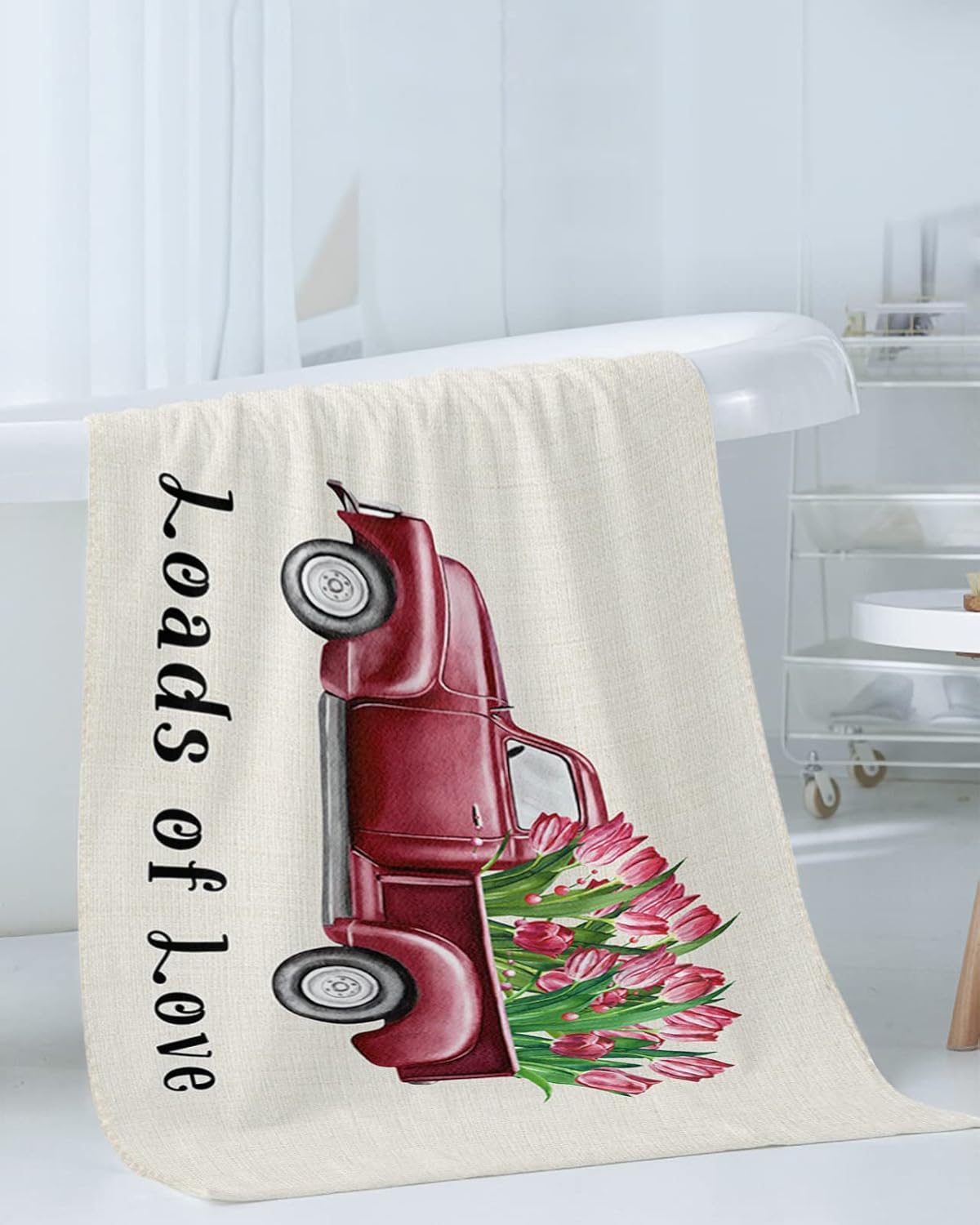 3 Piece Bath Towel Set with Red Tulip Design