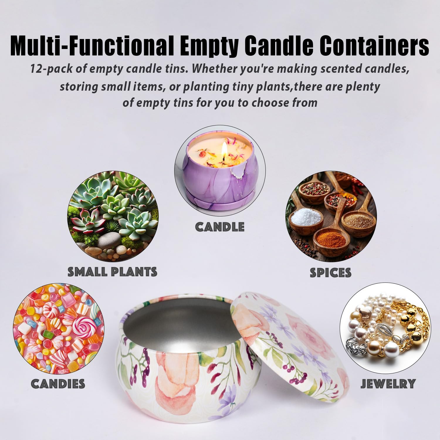 12-Pack 25oz Candle Tins with Lids Marbled Floral Starry Sky Designs