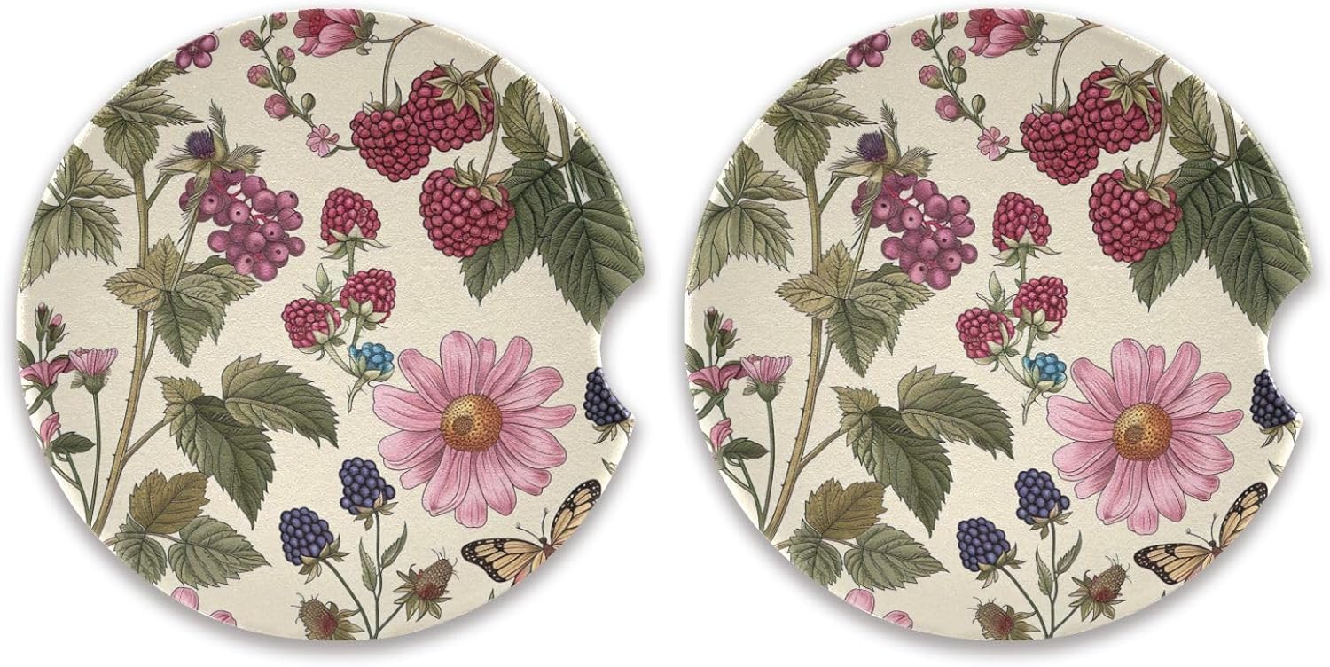 Flower Butterfly Car Coasters 2 Pack with Ceramic Cork Base