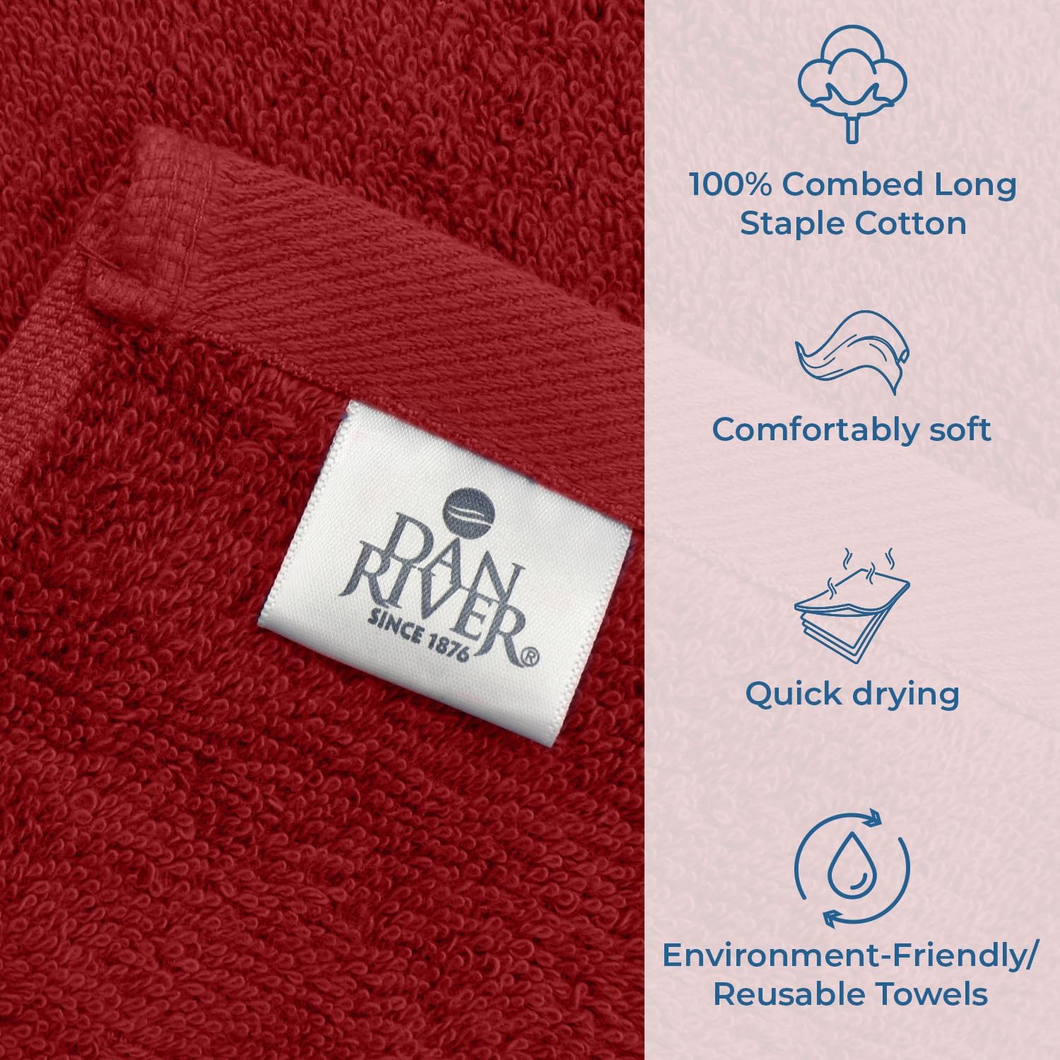 DAN RIVER 100 Cotton Bath Towels 27x54 Red 550 GSM 4-Pack