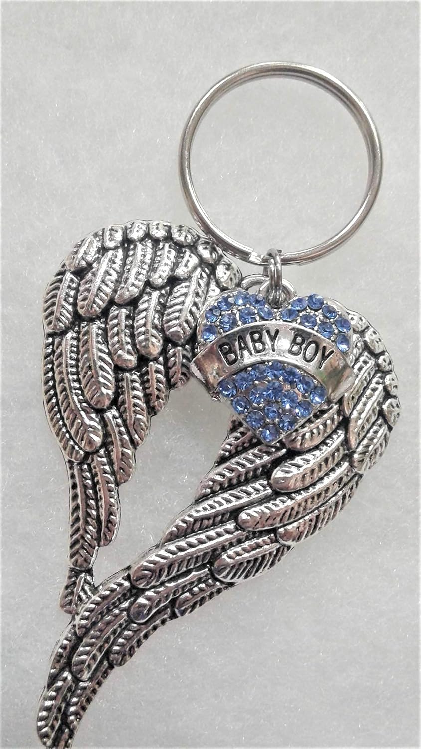 Baby Boy Memorial Sympathy Keychain with Angel Wings and Heart Charm 1
