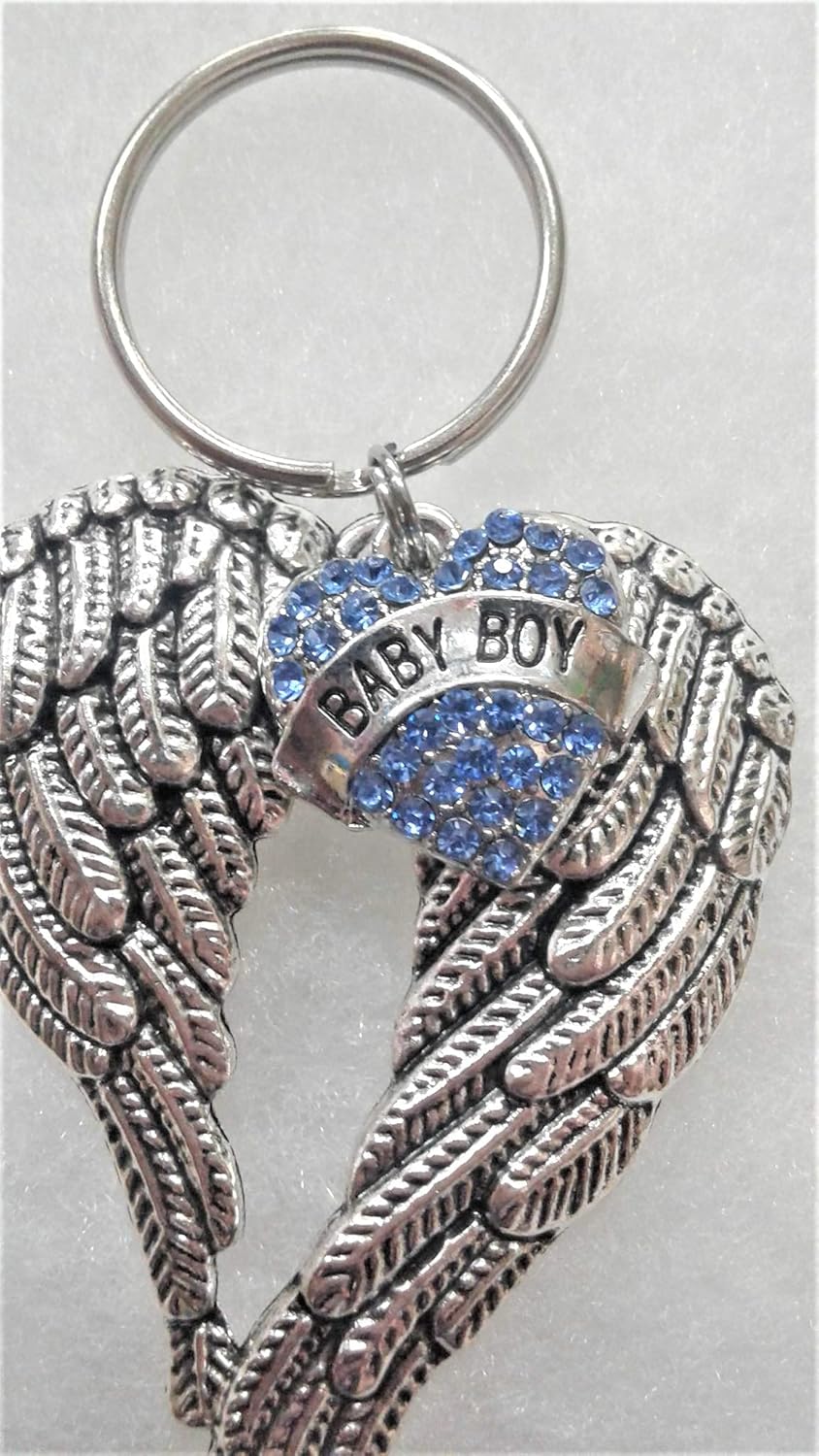 Baby Boy Memorial Sympathy Keychain with Angel Wings and Heart Charm 1
