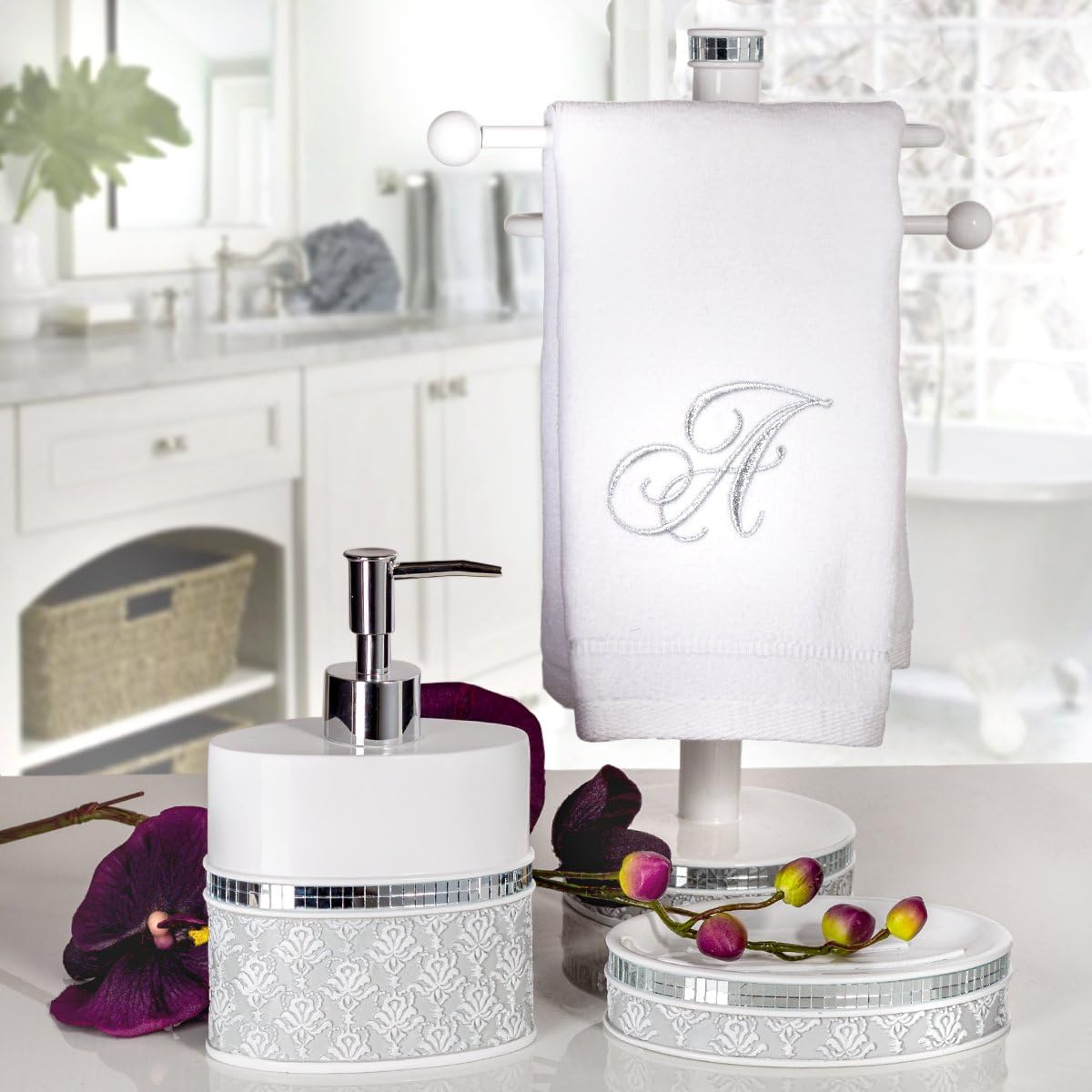 Creative Scents Gray White Mirror Damask Soap Dish
