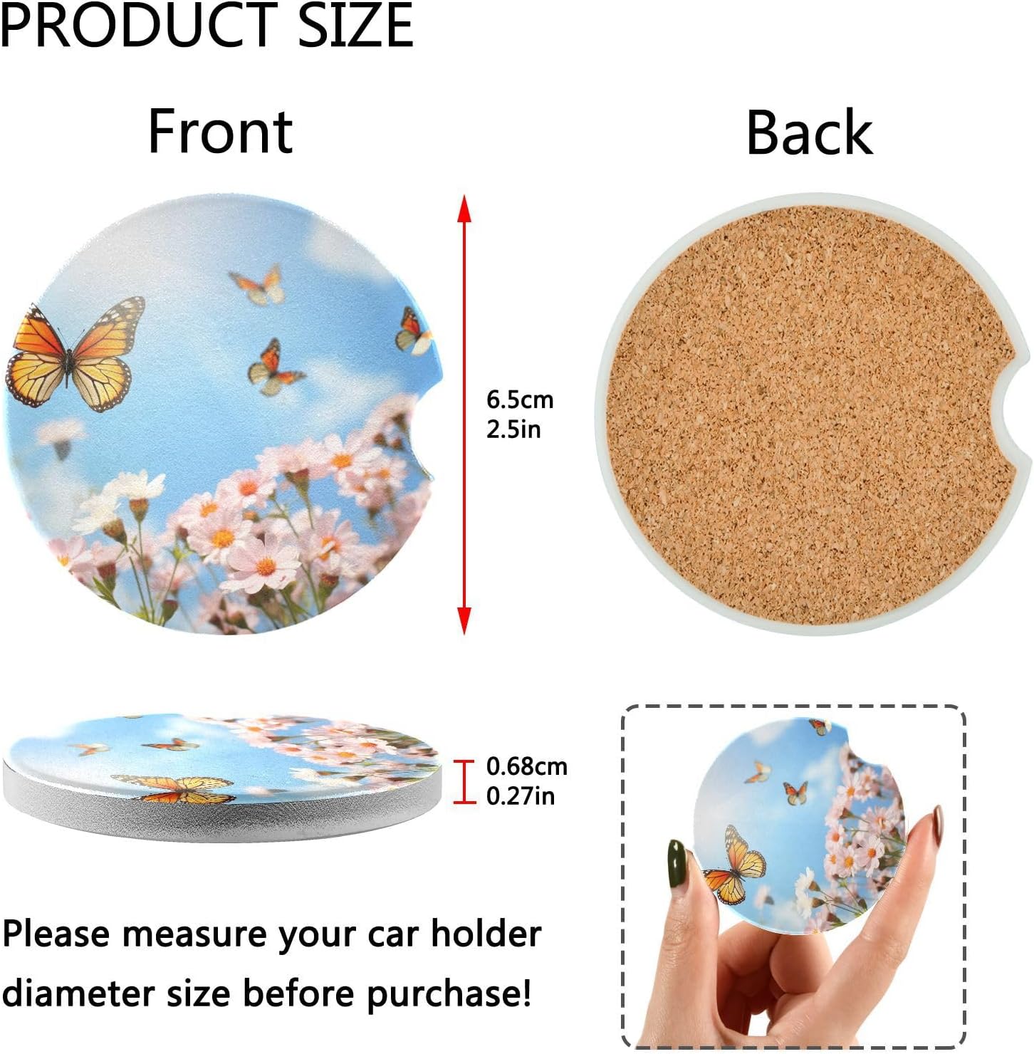 Takiito Nature Flower Car Coasters 2 Pack Ceramic Cork Base