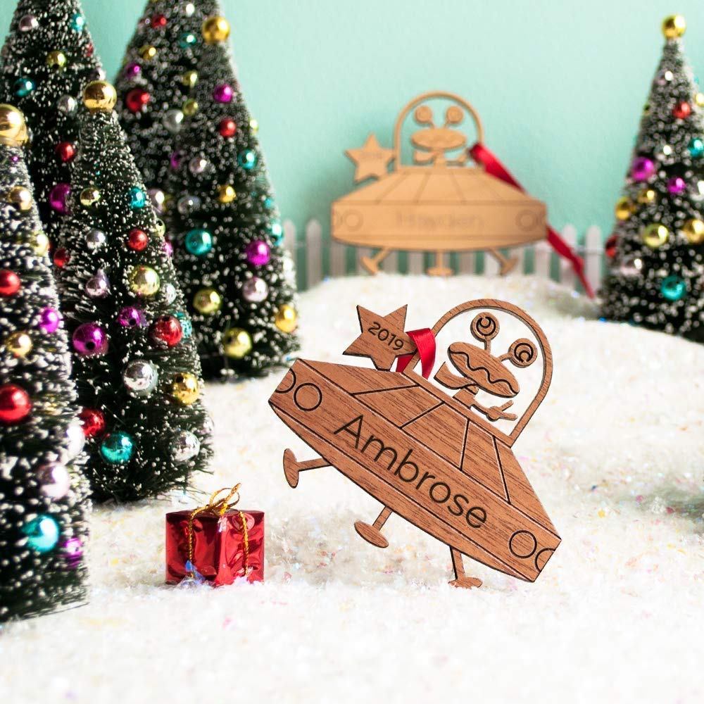 Personalized Babys First Christmas 2024 UFO Flying Saucer Wood Ornament