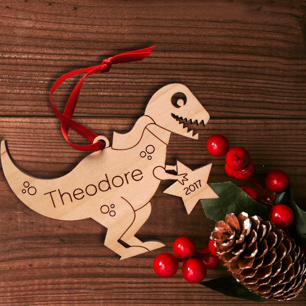 Graphic Spaces Dinosaur Ornament Personalized Tyrannosaurus Rex Babys First Christmas 2024 Wood Handmade