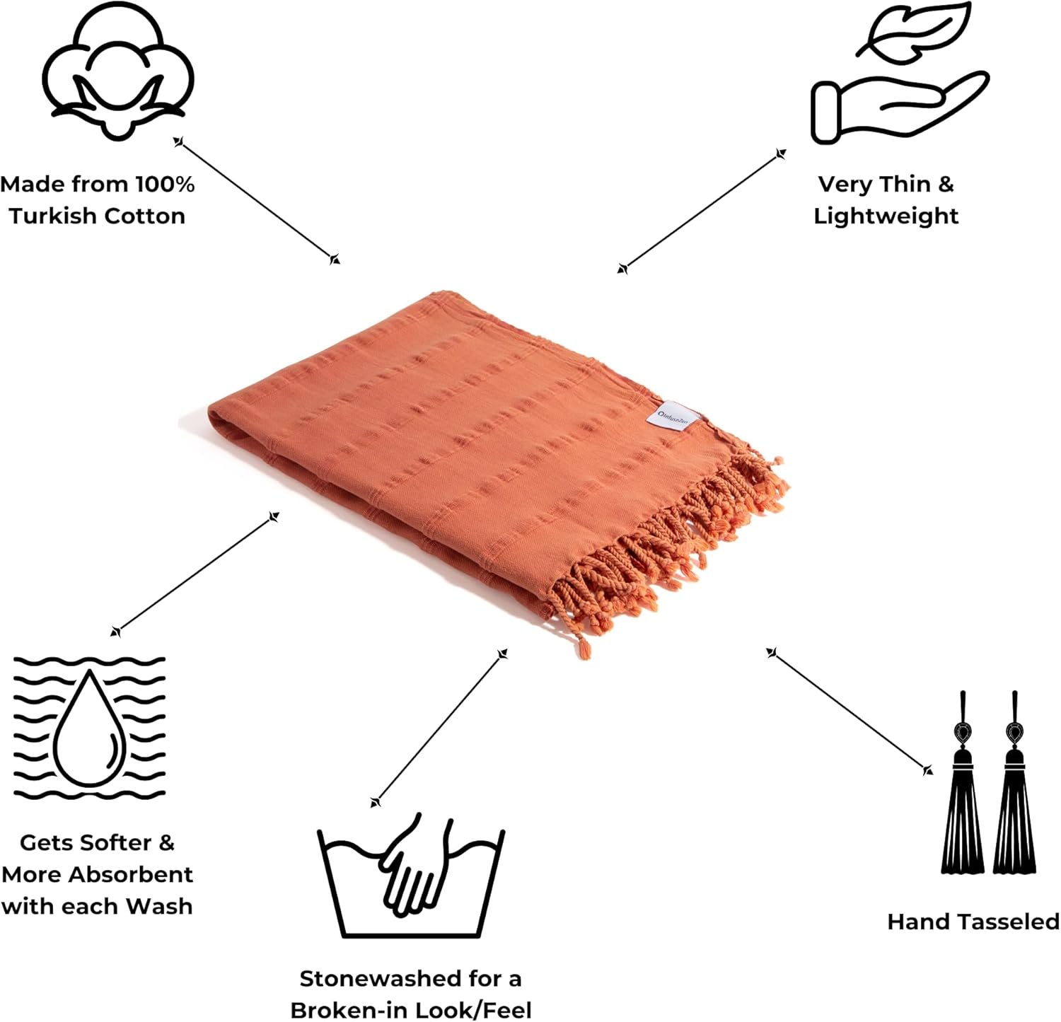 InfuseZen Orange Stonewashed Turkish Bath Towel