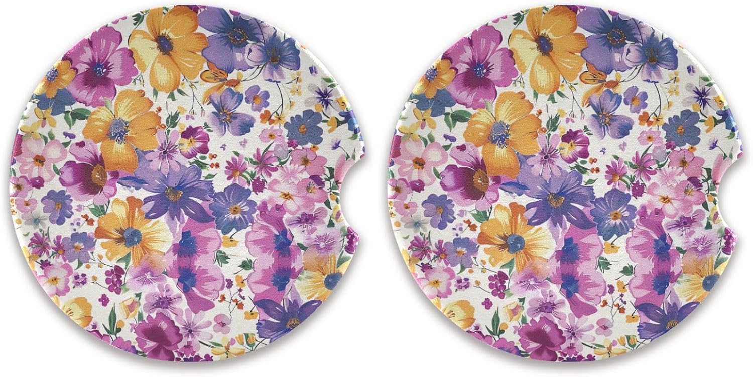 Takiito Purple Flowers Car Cup Holder Coasters 2 Pack