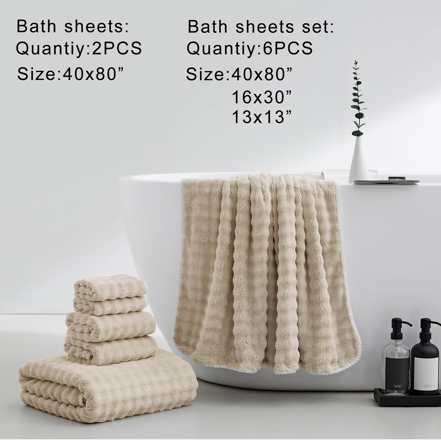 HVMS Oversized Bath Towels 40x80 Inches 6PCS Beige