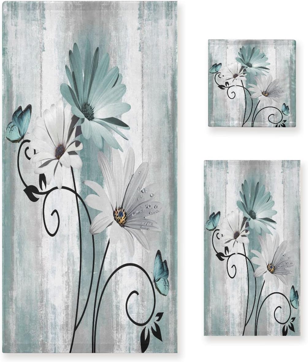 MATEKULI 3-Piece Farm Teal Daisy Bath Towel Set