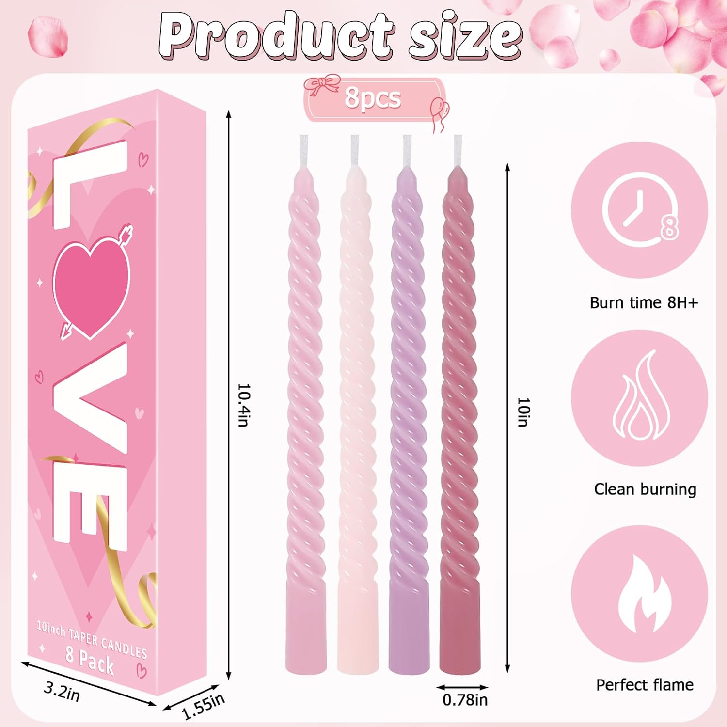 8PCS 10inch Pink Spiral Taper Candles for Valentines Day