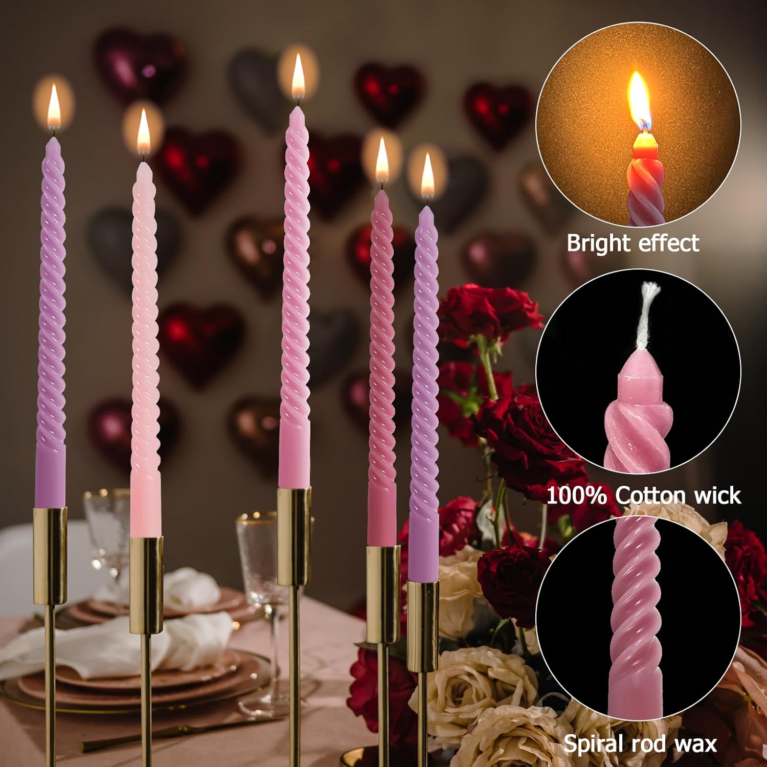 8PCS 10inch Pink Spiral Taper Candles for Valentines Day