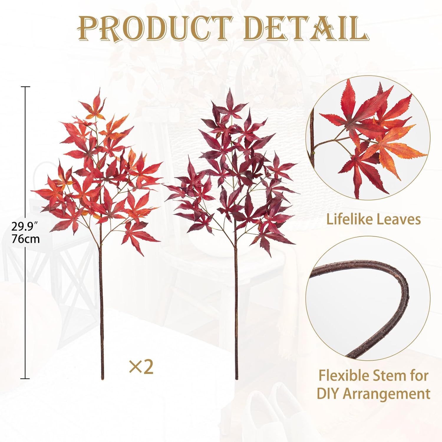 3Pcs Artificial Maple Leaf Branches 30 Fall Decor Stems