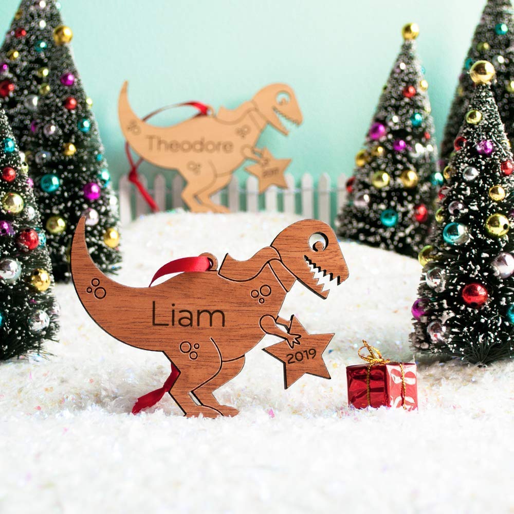 Graphic Spaces Dinosaur Ornament Personalized Tyrannosaurus Rex Babys First Christmas 2024 Wood Handmade