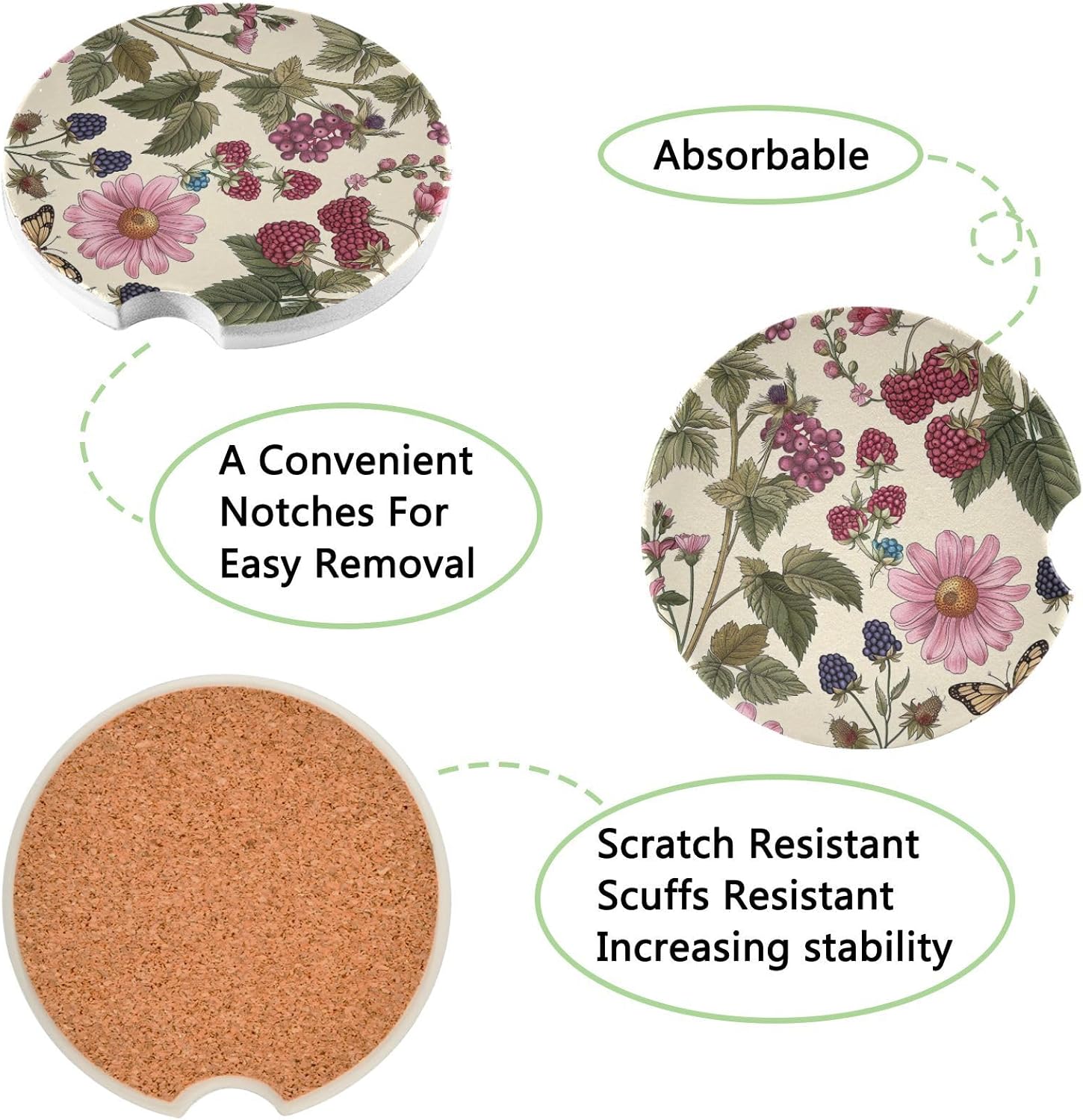 Flower Butterfly Car Coasters 2 Pack with Ceramic Cork Base