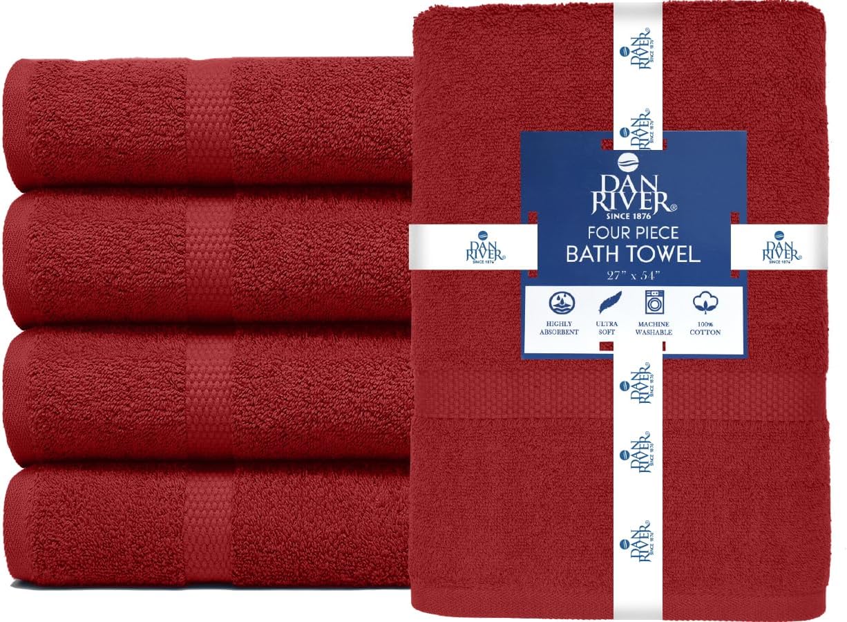 DAN RIVER 100 Cotton Bath Towels 27x54 Red 550 GSM 4-Pack