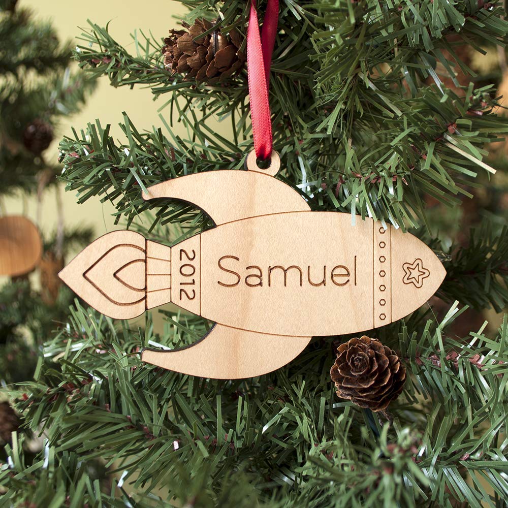 Rocket Ornament Personalized Outer Space Babys First Christmas 2024 Wood
